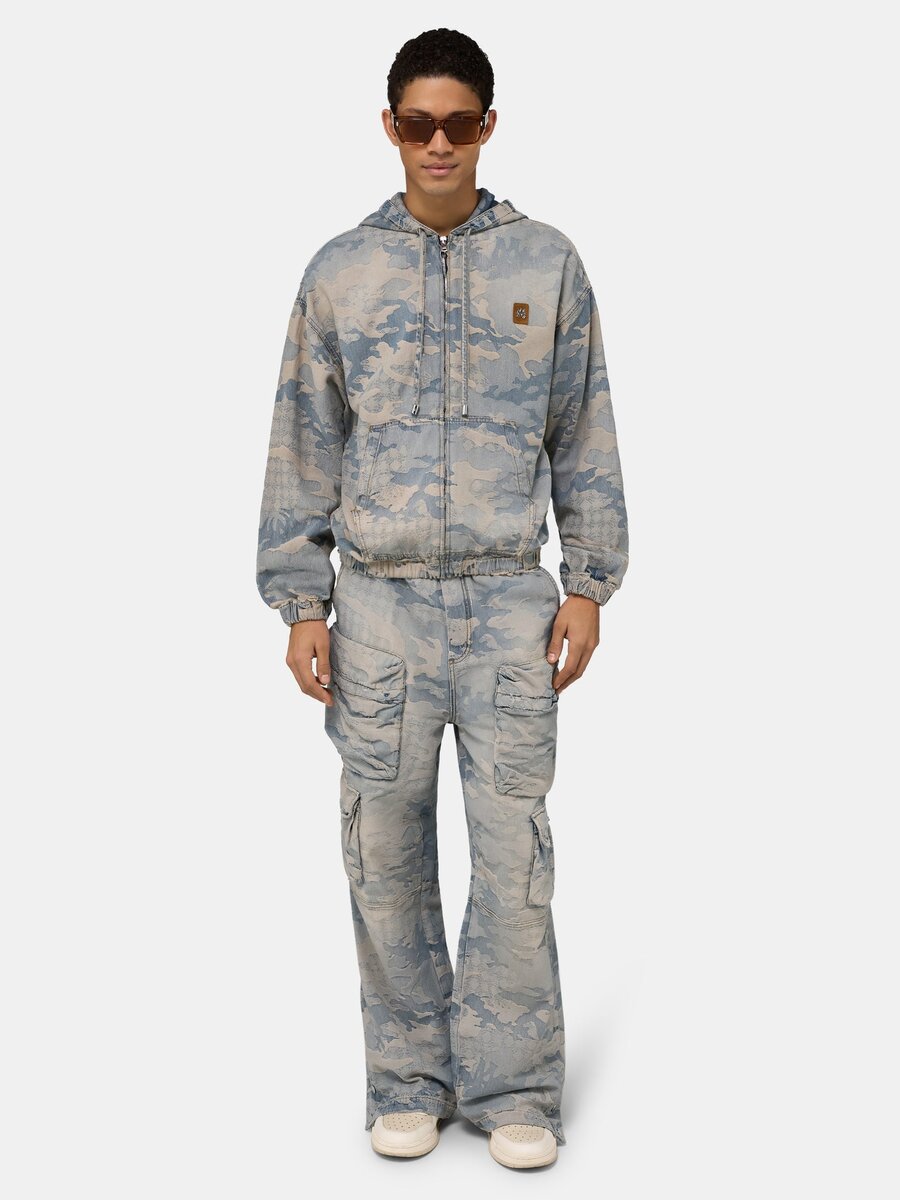 CAMO JACQUARD DENIM ZIP HOODIE